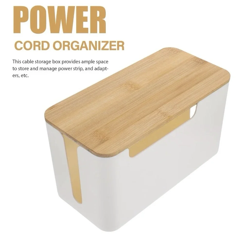 Cable Management Box Cord Organizer w/ Bamboo Lid White 12.18 x 5.58 x 5.11